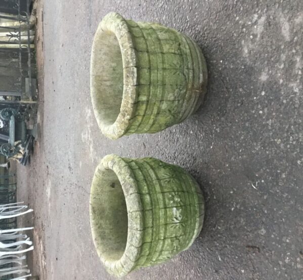 Weathered Pair of Barrell Effect Pots