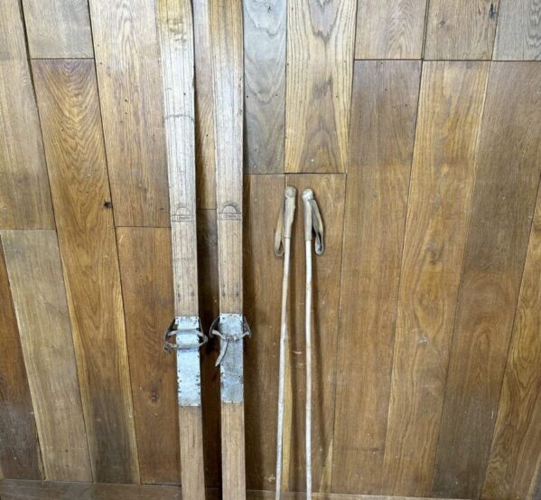 Antique "LEMAN" Wooden Skis and Poles