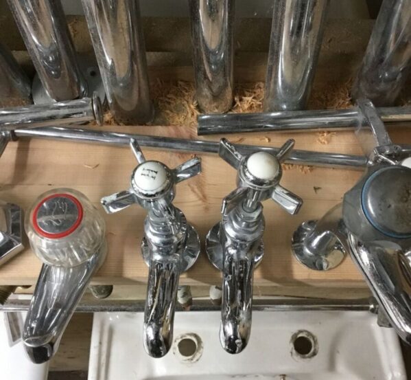 Tall Hot & Cold Silver Taps. Cold Top Rubbed Off
