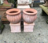 Pair Of Ribbed Terracotta Pots