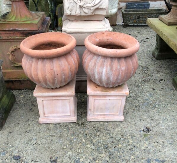 Pair Of Ribbed Terracotta Pots