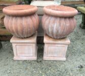 Pair Of Ribbed Terracotta Pots