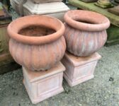 Pair Of Ribbed Terracotta Pots