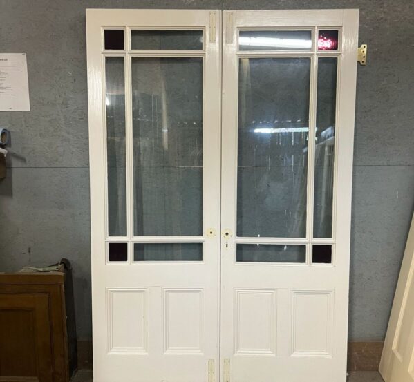 Reclaimed Antique Half-Glazed French Doors with Coloured Corner Glass