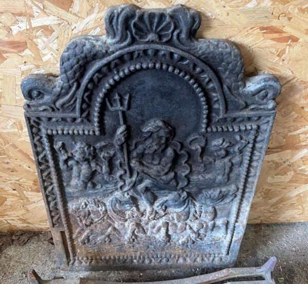 Reclaimed Antique Cast Iron Fire Back Neptune Mythological Scene