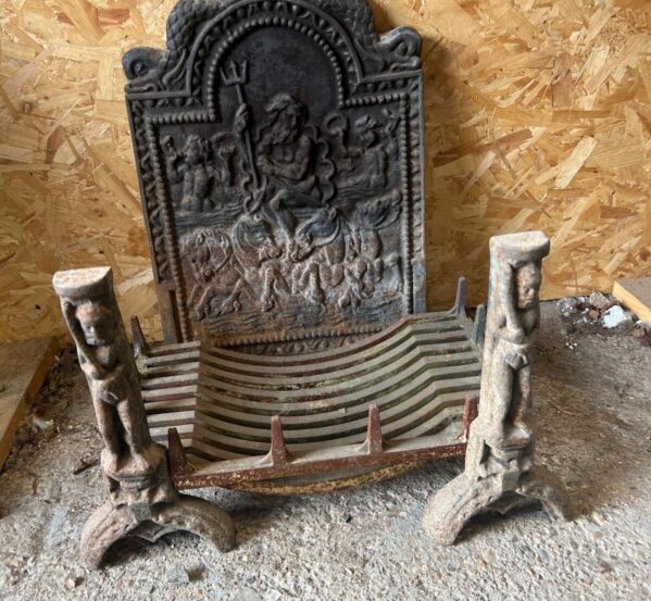 Reclaimed Antique Cast Iron Fire Grate & Figural Andirons