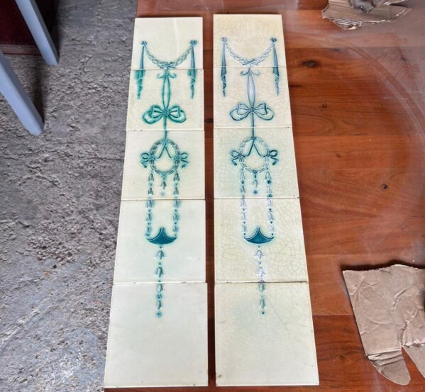 Vintage Art Nouveau Cream & Turquoise Fireplace Tile Panels