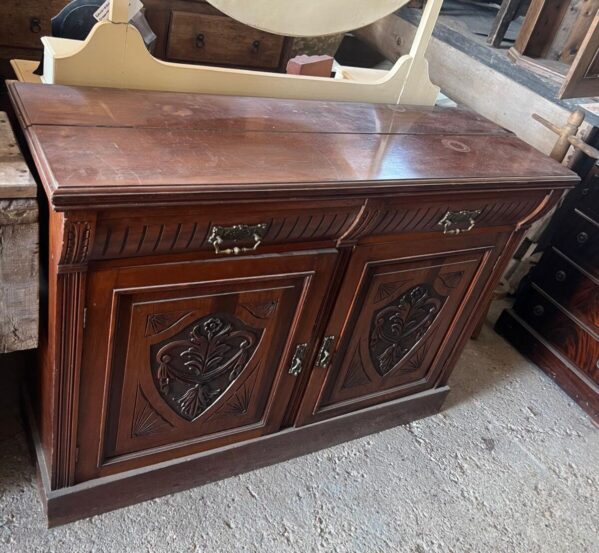 Vintage Carved Wooden Sideboard Cabinet with Drawers & Shield Panels