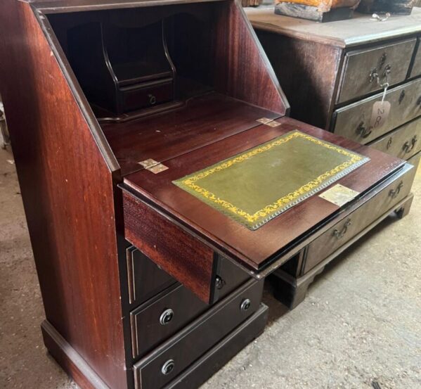 Antique-Style Mahogany Bureau Writing Desk with Green Leather Skiver