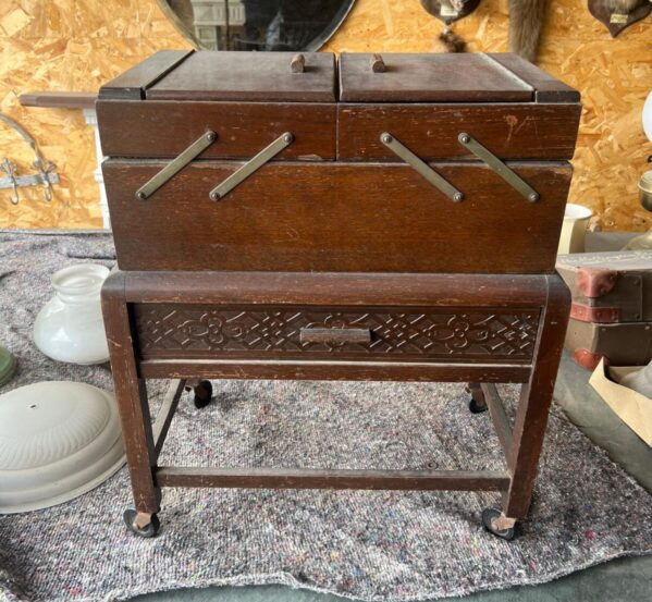 Vintage Wooden Cantilever Sewing Box Table on Casters