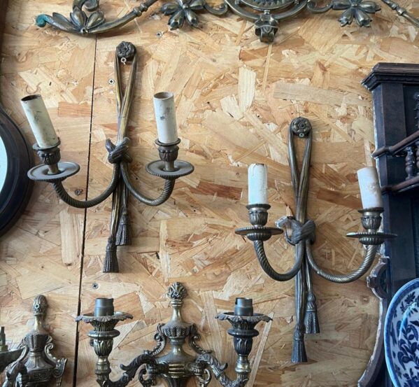 Pair Of Brass Double-Arm Wall Lights with Candle Sleeves