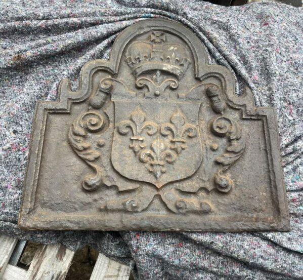 Reclaimed Antique Cast Iron Fleur-de-Lis & Crown Fireback