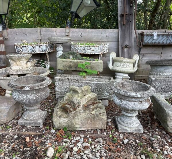 Pair of Reclaimed Weathered Cast Stone Garden Urns