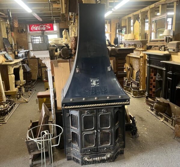 Freestanding Cast Iron Stove with Tapered Canopy Hood